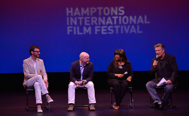 David Nugent, Matt Zoller Seitz, Chaz Ebert and Alec Baldwin in Q&A following HIFF SummerDocs screening of 'Life Itself.' Photo: Eugene Gologursky